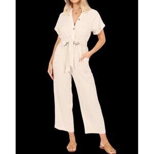 Petal + Pup Ivory Linen Crop Wide Leg Jumpsuit Women L Button Up Short Slv NWT